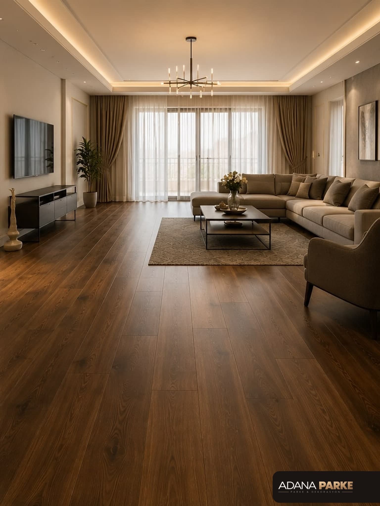 Sarıçam'da lamine parke döşeme öncesi/sonrası villa salonu — sonra