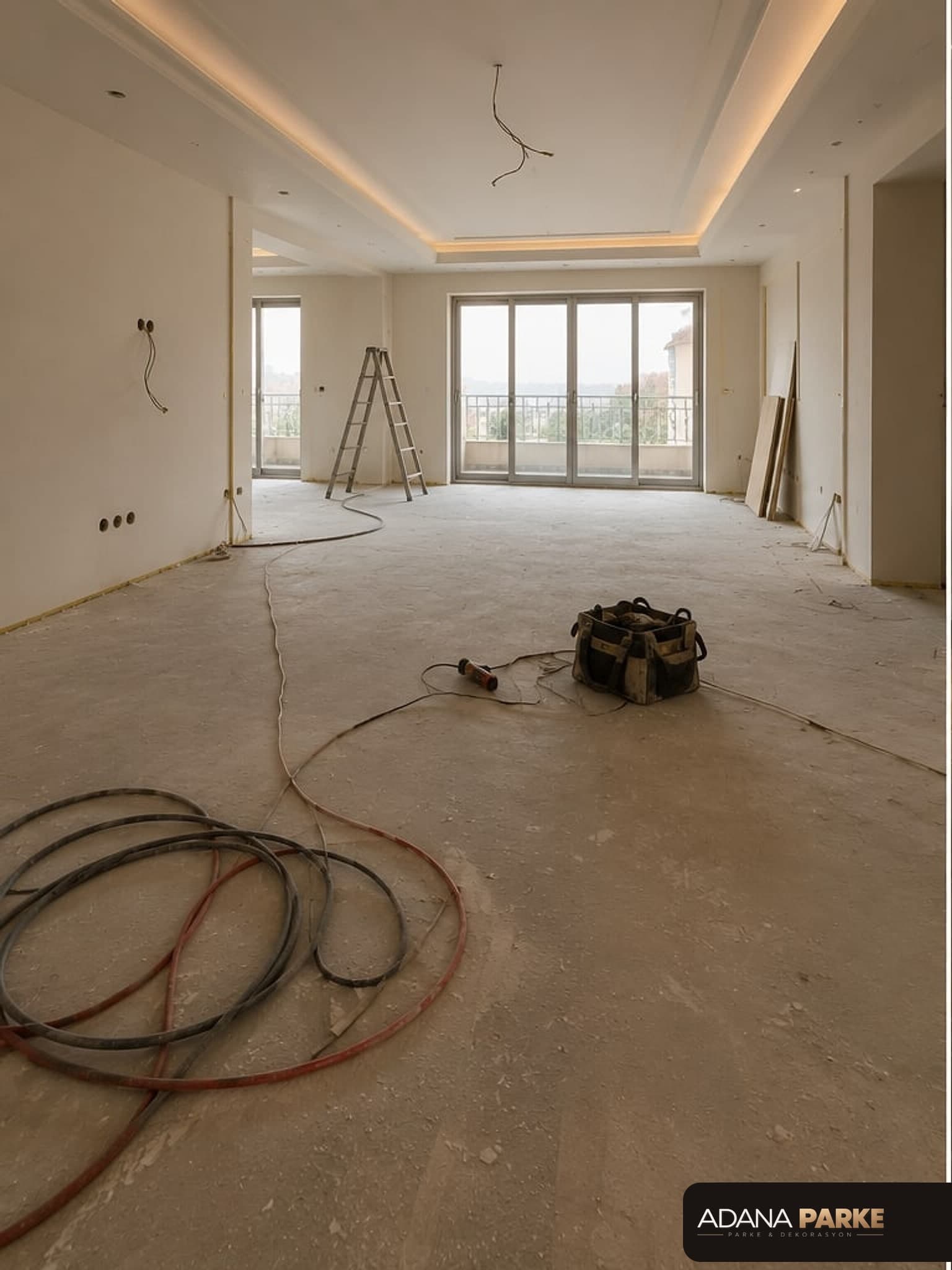 Sarıçam'da lamine parke döşeme öncesi/sonrası villa salonu — önce